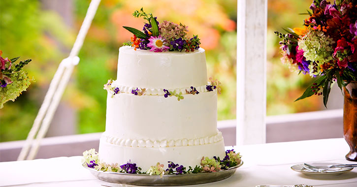 wedding cake with foliage in the background