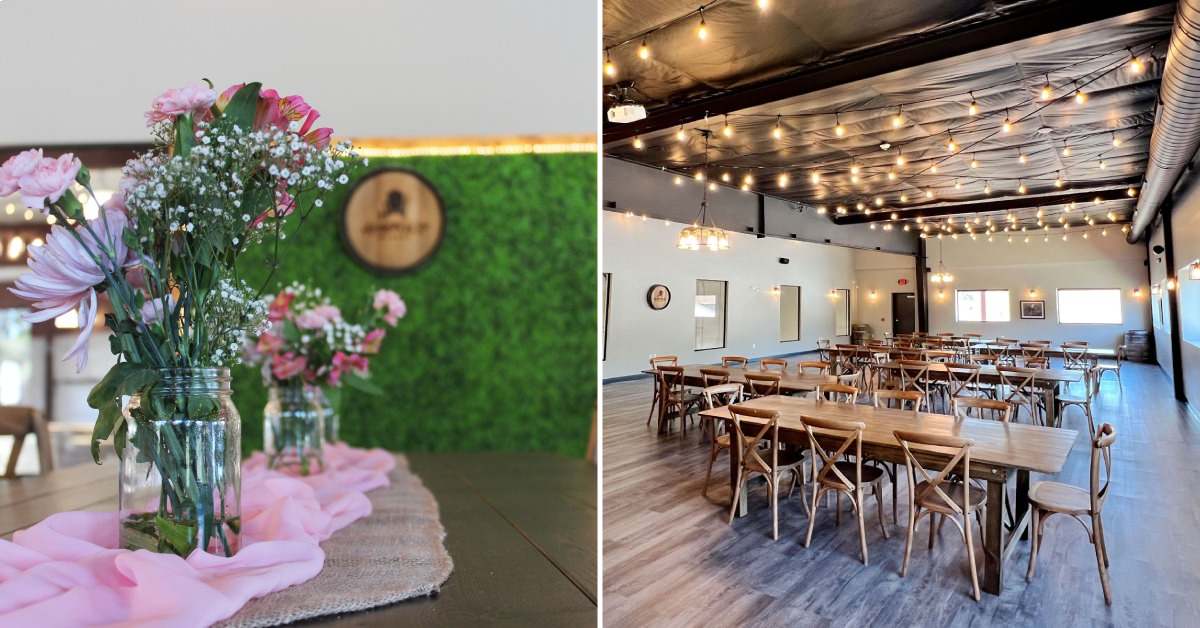 split image. on left is a flower arrangement on a table. on the right is a room with bistro lighting and tables set up