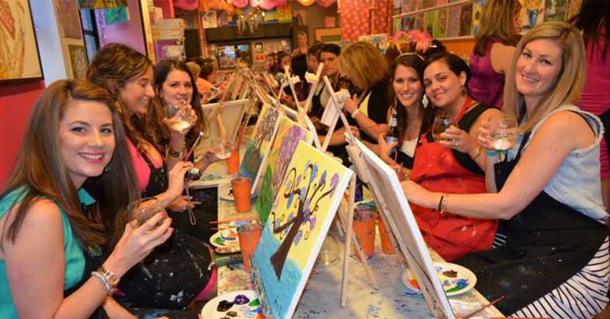 A group of friends at a paint and sip party.